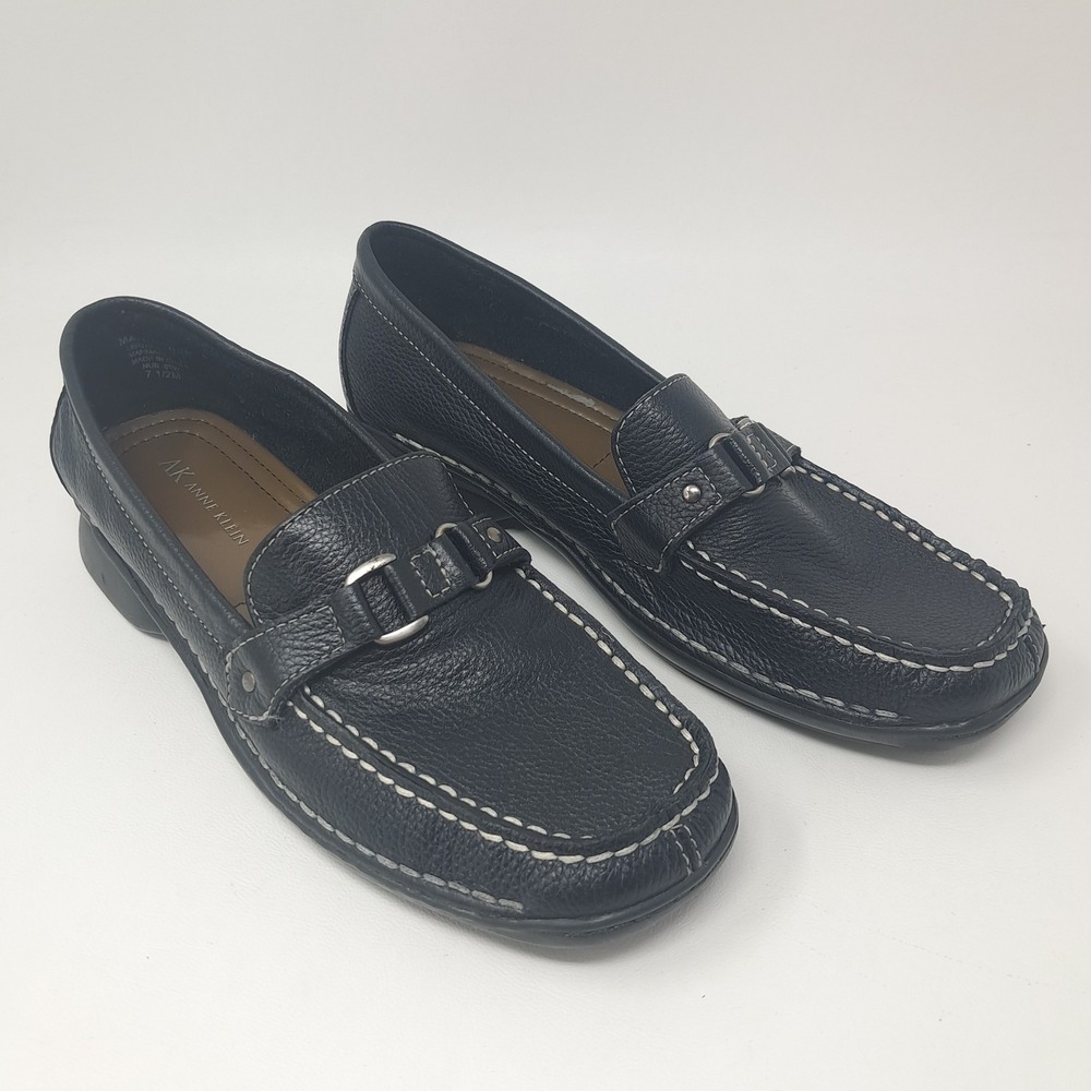 AK Anne Klein Manominee Black Leather Driver Loafers Womens Size 7.5M Moccasins